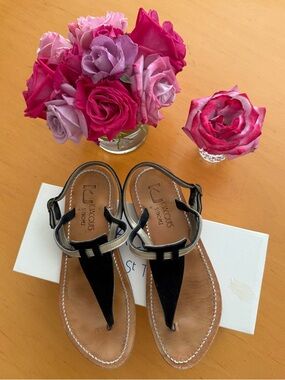 K.Jacques Black Suede Leather T-Strap Sandals size 37